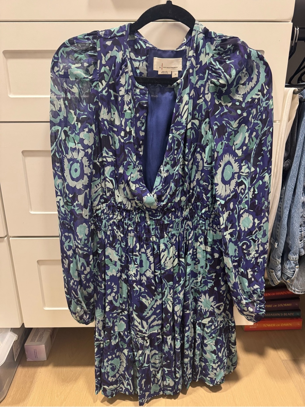 Forever New Navy & Mint Floral Plunged Long-Sleeve Dress